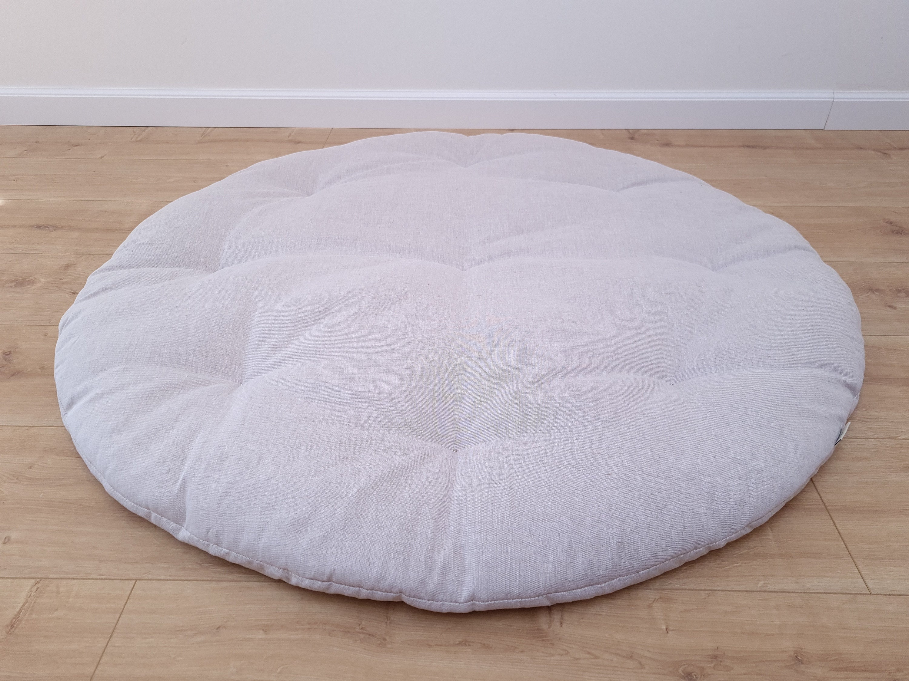 Hemp Linen 1" (2.5 cm) thick Round Play Mat Filled HEMP Fiber in non-dyed linen fabric play Mat Activity Tummy time mat