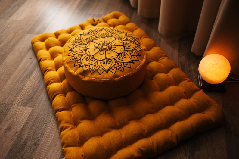 Embroidery Meditation Set Zafu & Zabuton with Buckwheat hulls Mandala Linen Floor cushions Meditation pillow pouf PillowSeat Yoga image 2