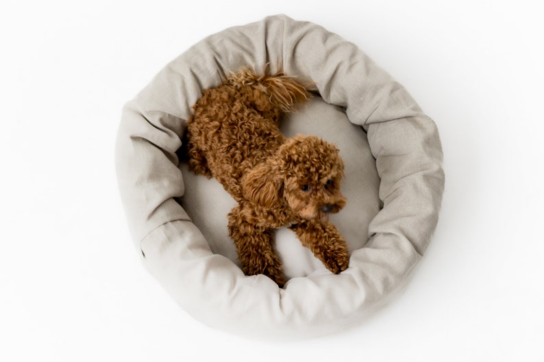 Cuna de cama para mascotas de lino de cáñamo redonda única con cubierta de lino natural no teñida lavable extraíble casa de fibra de cáñamo orgánica rellena regalo ecológico imagen 4
