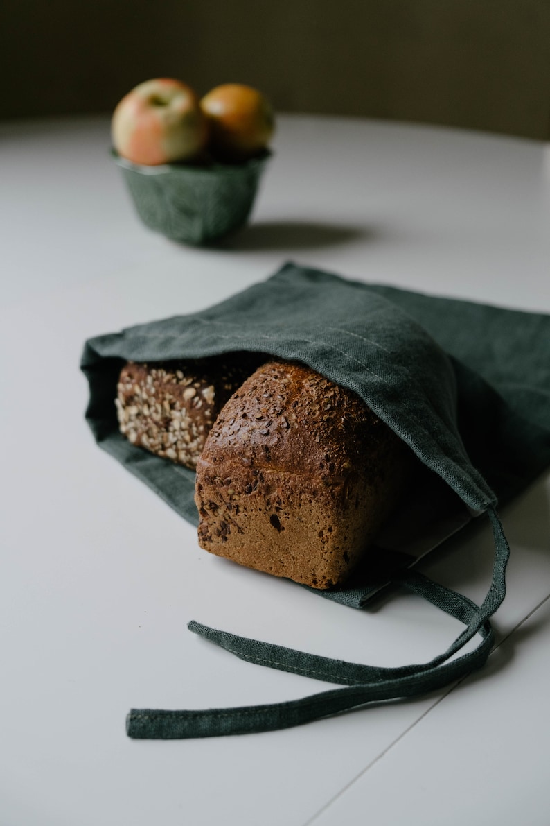 Unique Hemp Linen Bread bag in natural non-dyed hemp fabric inside linen fabric outside storage bag / bread serving & storage basket image 5