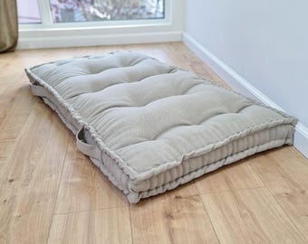 Cojín de suelo de lino de cáñamo con asas, almohada para rincón de lectura, relleno de fibra de cáñamo orgánico en tela de lino sin teñir, almohada de meditación hecha a medida