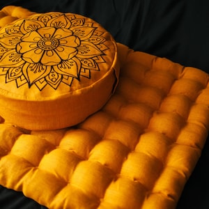 Embroidery Meditation Set Zafu & Zabuton with Buckwheat hulls Mandala Linen Floor cushions Meditation pillow pouf PillowSeat Yoga image 8