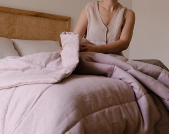 Breathable HEMP LINEN Blanket Ashen Pink / filled organic Hemp Fiber in Linen fabric - Hand made Bedding / Full Queen King Custom size