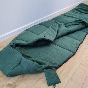HEMP natural Sleeping bag with hood thick organic hemp fiber filling inside in linen dark green fabric hand made