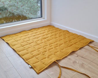 Tapis de jeu bio rempli de fibres de CHANVRE moutarde / lin doré Couverture pour chambre de bébé Doudou rembourré