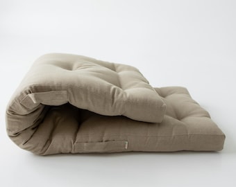 Hemp-filled Linen Shikibuton Mat organic Topper Futon with Hemp Fiber Filler inside in natural non-dyed Linen fabric 3” thickn Roll-up Bed