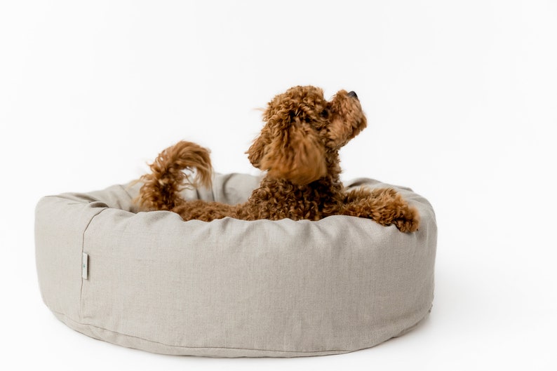 Cuna de cama para mascotas de lino de cáñamo redonda única con cubierta de lino natural no teñida lavable extraíble casa de fibra de cáñamo orgánica rellena regalo ecológico imagen 10