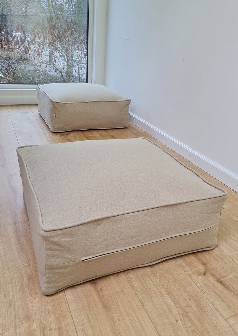 Unique HEMP Floor Cushion Marogan filled organic Hemp Fiber with removable Cover with zipper in natural linen fabric couch settee ottoman image 3