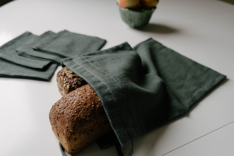 Unique Hemp Linen Bread bag in natural non-dyed hemp fabric inside linen fabric outside storage bag / bread serving & storage basket image 7