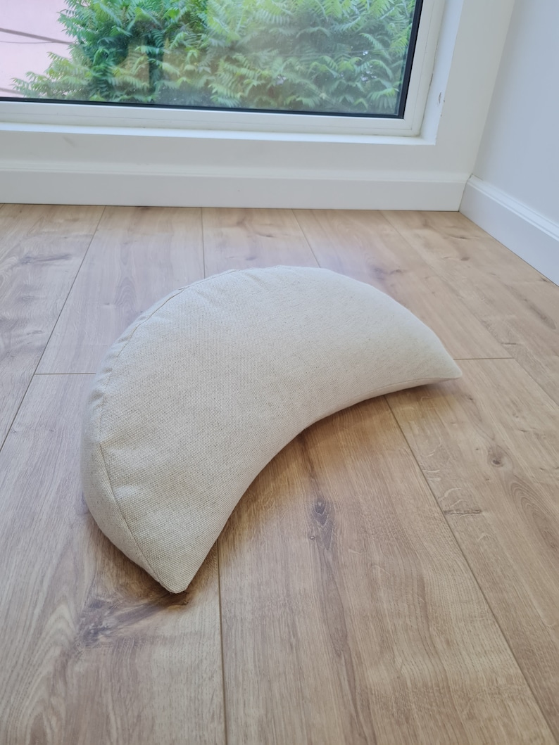 linen meditation Cresсent cushion filled with buckwheat hulls image 3