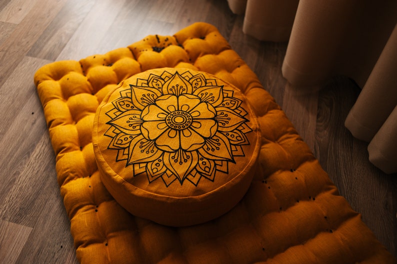 Embroidery Meditation Set Zafu & Zabuton with Buckwheat hulls Mandala Linen Floor cushions Meditation pillow pouf PillowSeat Yoga image 3