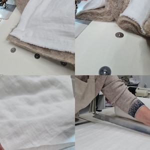 May include: A close-up of a white fabric being sewn to a brown hemp fabric with a sewing machine. The fabric has a label that reads "HEMP Organic Life".