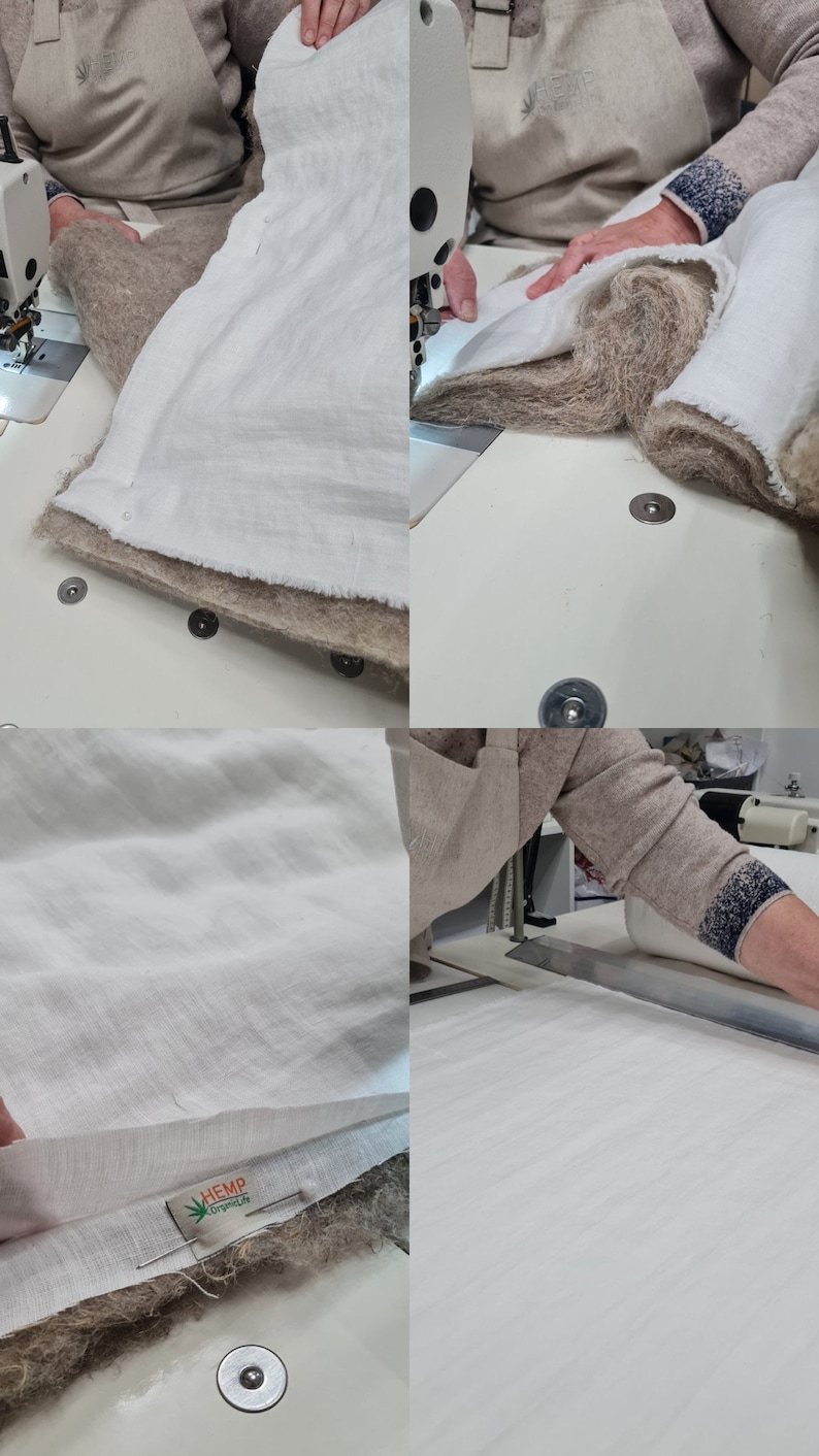 May include: A close-up of a white fabric being sewn to a brown hemp fabric with a sewing machine. The fabric has a label that reads "HEMP Organic Life".