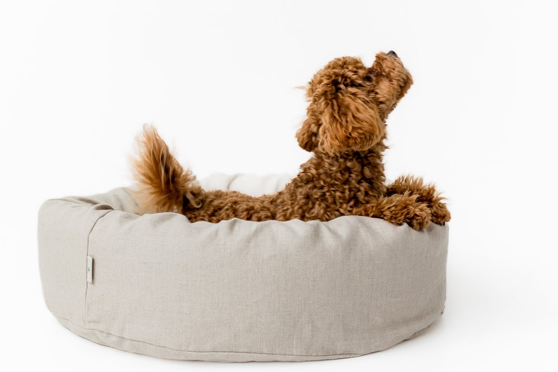 Cuna de cama para mascotas de lino de cáñamo redonda única con cubierta de lino natural no teñida lavable extraíble casa de fibra de cáñamo orgánica rellena regalo ecológico imagen 2