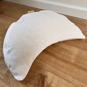 White Linen meditation Cresсent cushion filled with organic buckwheat hulls with zipped liner