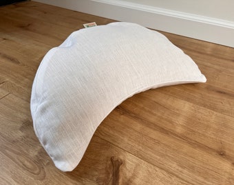White Linen meditation Cresсent cushion filled with organic buckwheat hulls with zipped liner