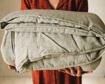 90x200 cm Thick HEMP Sleeping bag in washed linen fabric- organic hemp fiber filling + linen non-dyed fabric - blanket quilt, hand made