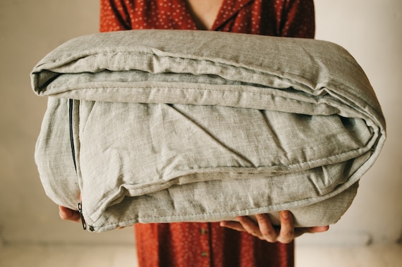 90x200 cm Thick HEMP Sleeping bag in washed linen fabric- organic hemp fiber filling + linen non-dyed fabric - blanket quilt, hand made