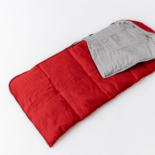 Red Kids natural HEMP Linen Sleeping Bag with Hood School Nap mat for Kids, camping van sleeping bag organic hemp fiber filling