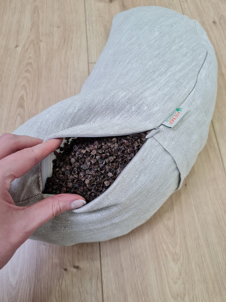 linen meditation Cresсent cushion filled with buckwheat hulls image 9