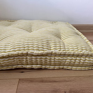 Hemp Custom made Window Mudroom Floor bench cushion "Yellow Stripes" filled organic hemp fiber in natural non-dyed linen fabric