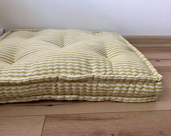 Hemp Custom made Window Mudroom Floor bench cushion "Yellow Stripes" filled organic hemp fiber in natural non-dyed linen fabric