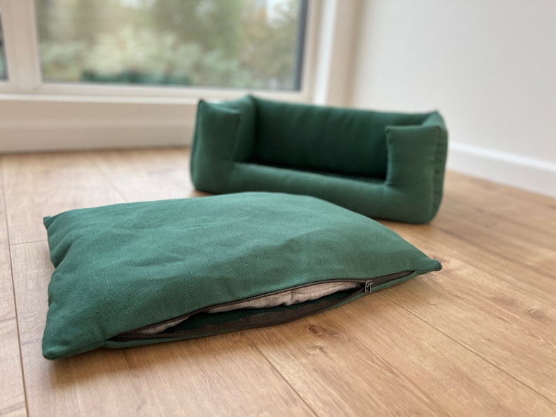 HEMP pet bed filled organic HEMP Fiber in green natural linen fabric mat carpet house for cats dogs organic image 3