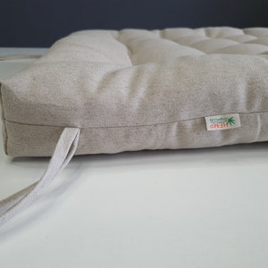 Cojín de lino de cáñamo con lazos relleno de fibra de cáñamo orgánico en tela de lino natural sin teñir, cojín para banco de ventana hecho a medida imagen 9