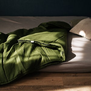 HEMP Sleeping bag &quot;Forest Green&quot; organic hemp fiber filling in natural linen  fabric