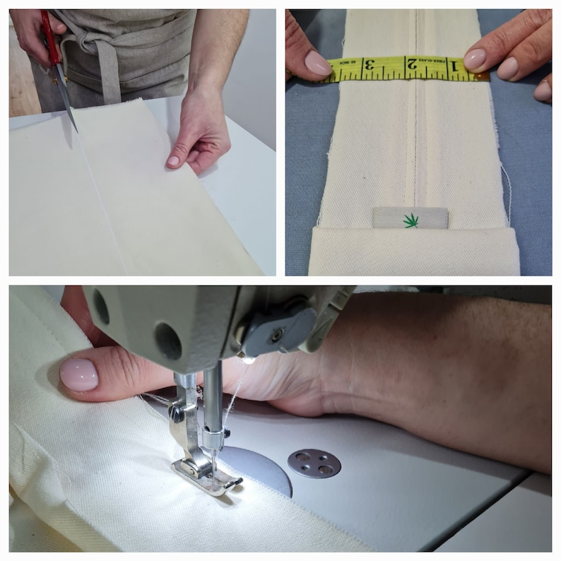 May include: A close-up of a sewing machine stitching a white fabric with a green leaf logo. The fabric is being held in place by a hand. The sewing machine is on a white surface.