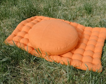 Ensemble de méditation en lin, écales de sarrasin garnies Zafu & Zabuton « Orange frais » Coussins de sol en lin Coussin de méditation OreillerSiège yoga