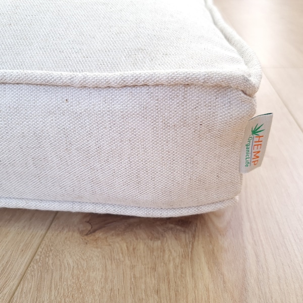 Hemp Custom made Window Mudroom Floor Bench cushion with a lace without stitches filled organic hemp fiber in natural linen fabric