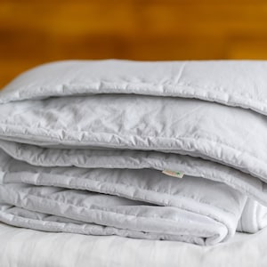May include: A folded, light gray quilted blanket. The blanket is made of a soft material and has a stitched pattern. A small tag is visible on the blanket. The blanket is folded on a white surface.