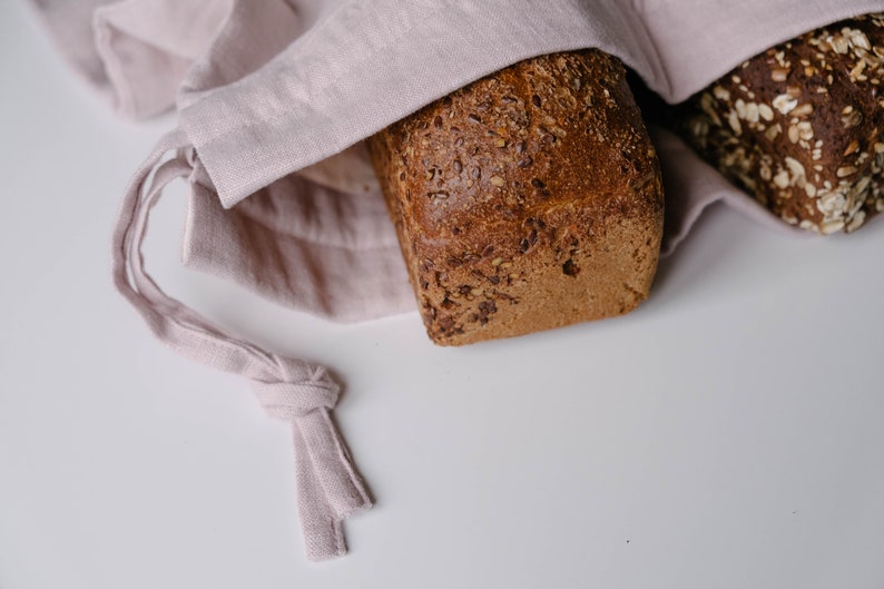 Unique Hemp Linen Bread bag in natural non-dyed hemp fabric inside linen fabric outside storage bag / bread serving & storage basket image 10