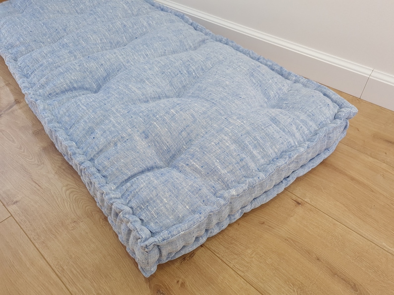 Hemp Custom madeWindow Mudroom Floor bench cushion filled organic hemp fiber in natural light blue linen fabric unique all natural pillow image 8