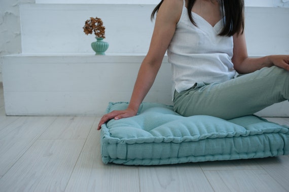 Green Hemp Floor cushion with organic hemp fiber filling in linen