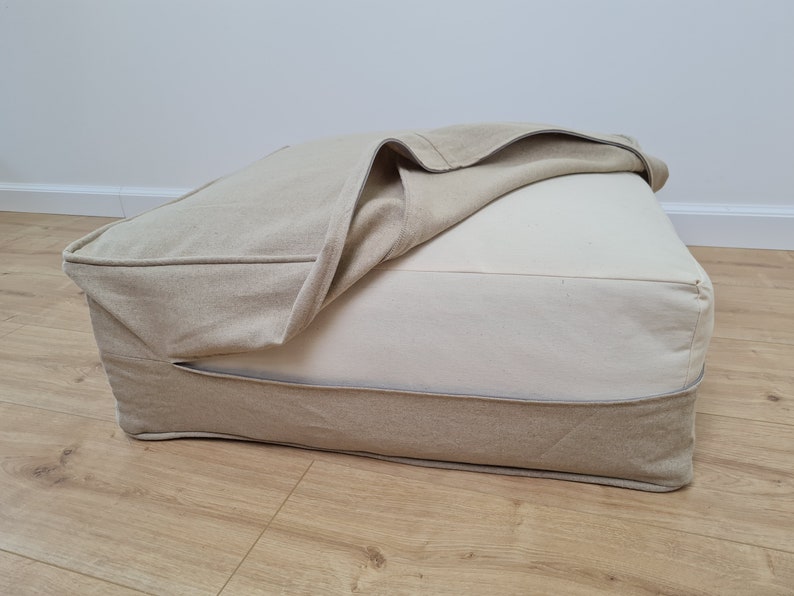 Unique HEMP Floor Cushion Marogan filled organic Hemp Fiber with removable Cover with zipper in natural linen fabric couch settee ottoman image 4