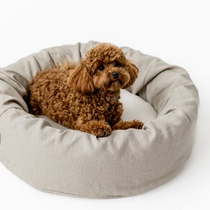 Cuna de cama para mascotas de lino de cáñamo redonda única con cubierta de lino natural no teñida lavable extraíble casa de fibra de cáñamo orgánica rellena regalo ecológico imagen 3