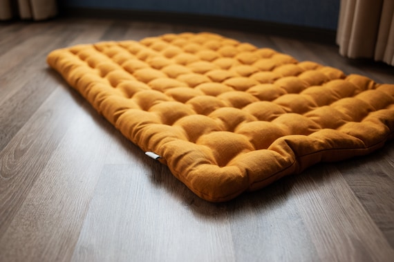 Mustard Linen Floor cushion with Buckwheat hulls 23"x35"/ Meditation cushion for Yoga studio/ zabuton Organic Massage Natural Pillow seat