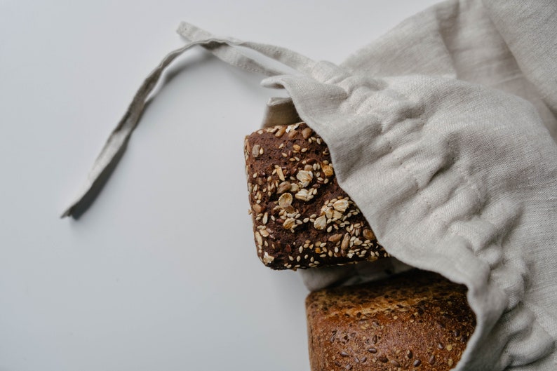 Unique Hemp Linen Bread bag in natural non-dyed hemp fabric inside linen fabric outside storage bag / bread serving & storage basket image 4