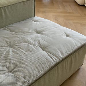 May include: Close-up of a section of a light green sofa with a striped cushion. The cushion has a tufted design with a series of buttons. The sofa has a simple, modern design, with a neutral color palette. The sofa is placed on a wooden floor.