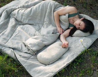 双麻睡袋在亚麻织物-有机大麻纤维填充亚麻颗无染织物家庭大睡包毯,手工制作