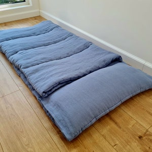 Sac de couchage pour jardin d'enfants en lin avec oreiller, tapis de sieste pour enfants, rembourrage en fibres de chanvre biologique bleu clair, fait main