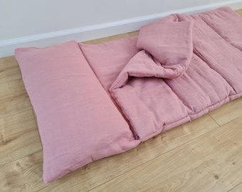 Sac de couchage pour jardin d'enfants en lin avec oreiller, tapis de sieste pour enfants, rembourrage en fibre de chanvre biologique rose corail, fait main