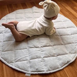 Hemp Linen Round Play mat filled HEMP Fiber in non-dyed linen fabric  baby crawling & play quilted mat Baby Activity Tummy time mat