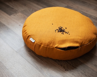 Zafu Linen floor cushion filled Buckwheat hulls Yoga pillow seat Organic Meditation cushion Buckwheat shells pillow seat