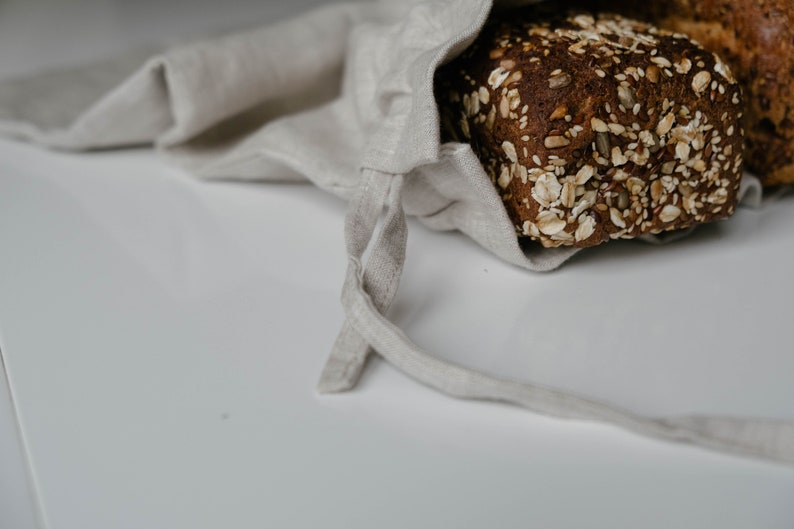 Unique Hemp Linen Bread bag in natural non-dyed hemp fabric inside linen fabric outside storage bag / bread serving & storage basket image 2