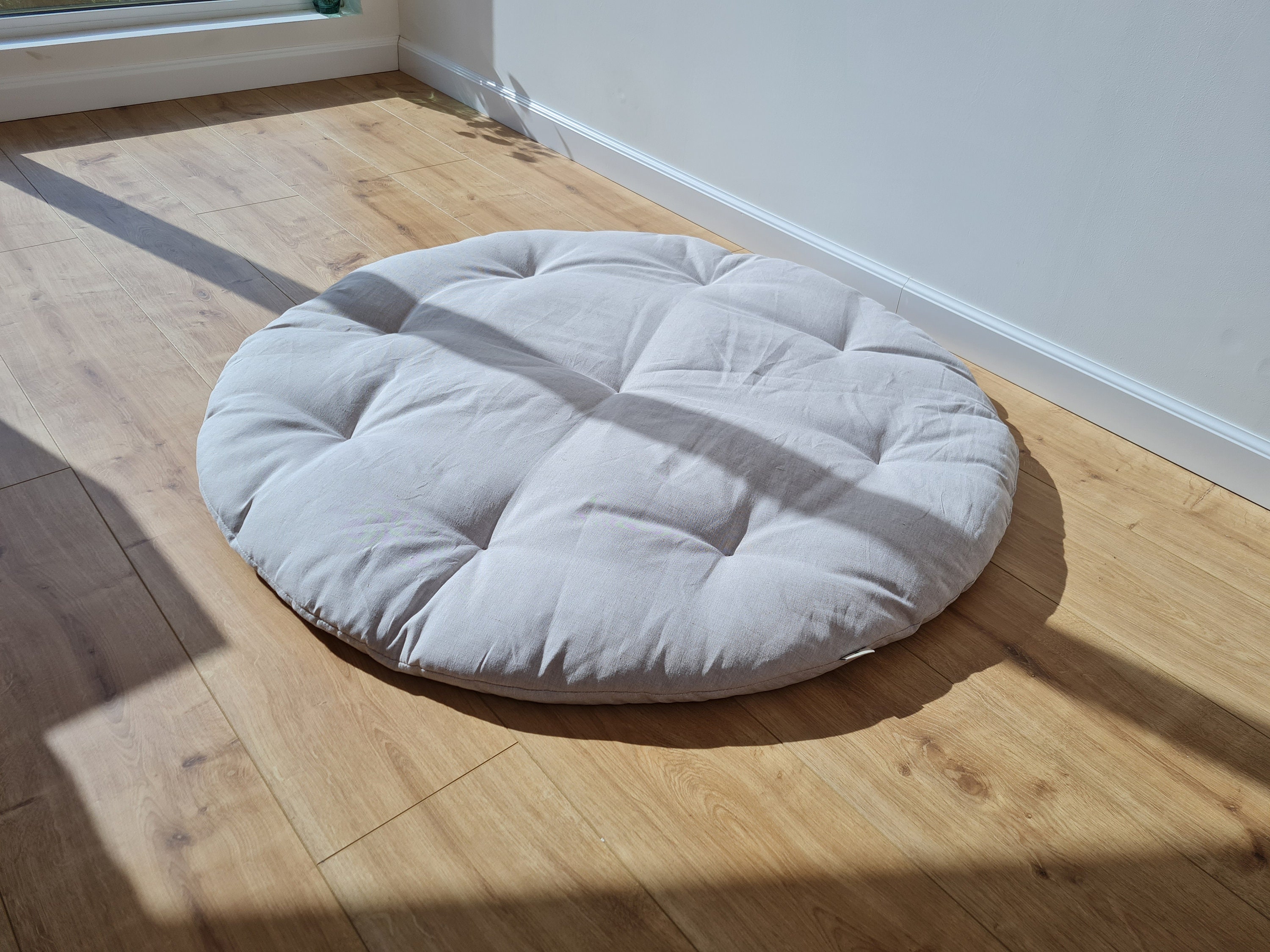 Hemp Linen 1" (2.5 cm) thick Round Play Mat Filled HEMP Fiber in non-dyed linen fabric play Mat Activity Tummy time mat