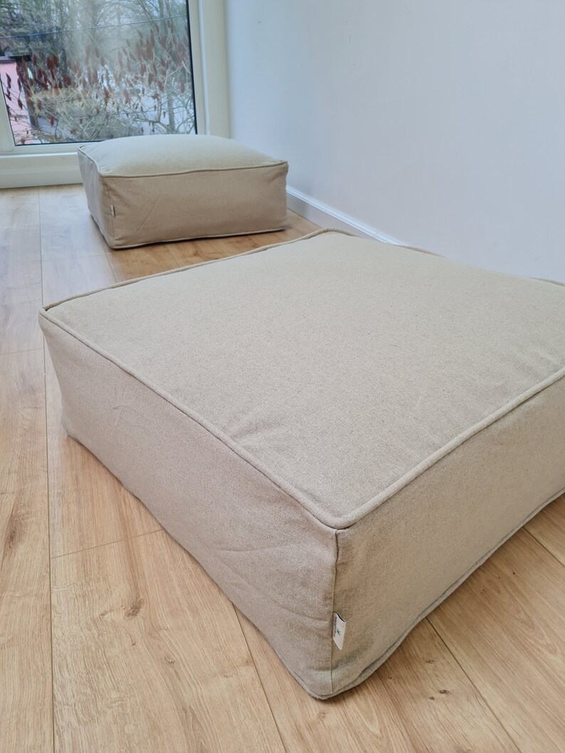 Unique HEMP Floor Cushion Marogan filled organic Hemp Fiber with removable Cover with zipper in natural linen fabric couch settee ottoman zdjęcie 6
