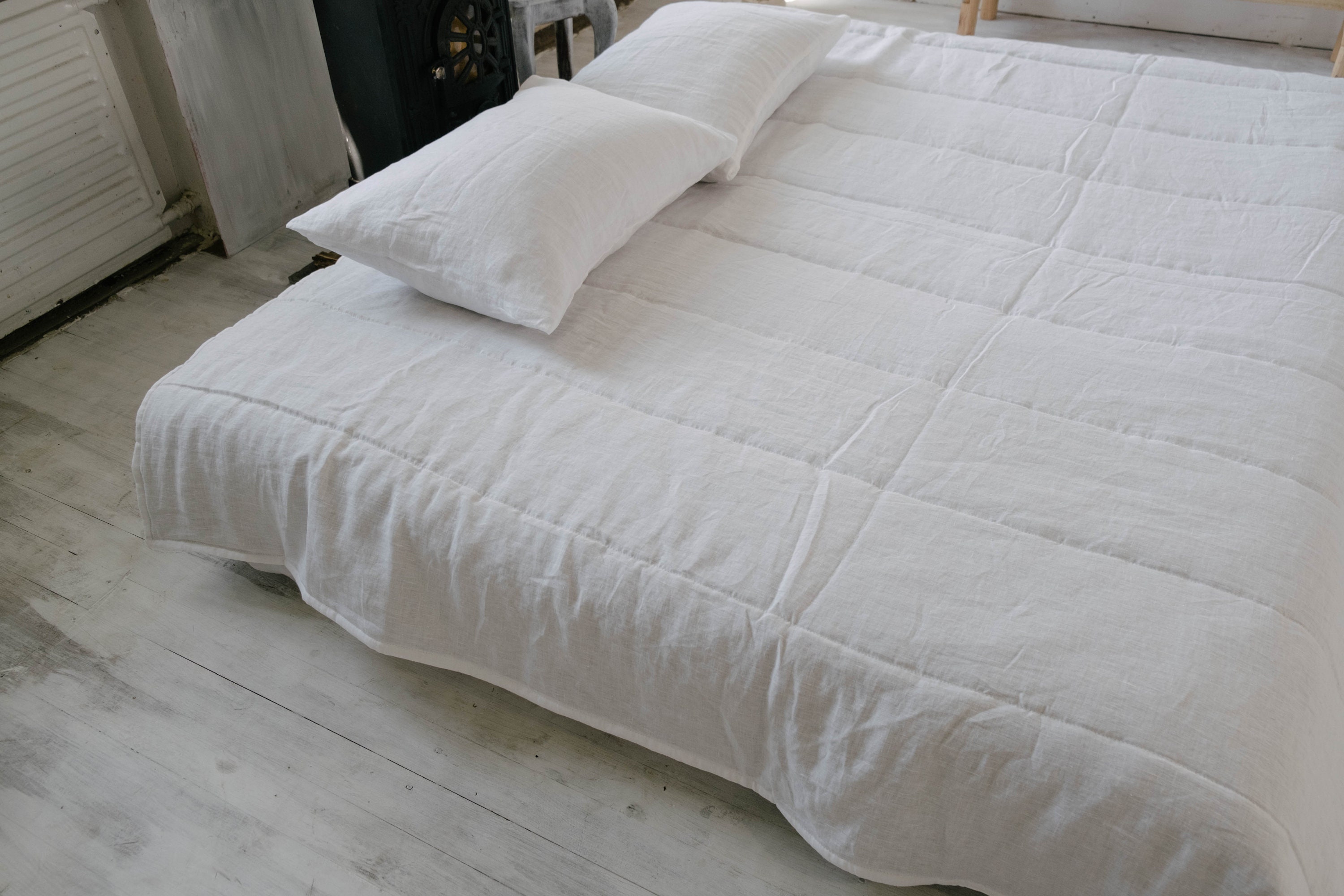 ホワイトヘンプリネンブランケット ストライプキルト リネン生地